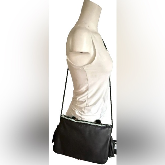 Anthropologie ibBan Handmade Raffia Leather Crossbody Bag Teal Black Tassel - Picture 4 of 16